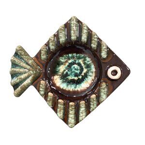 Vintage Ceramic Fish Ashtray Green Brown Glaze Mid Century Modern Home Decor